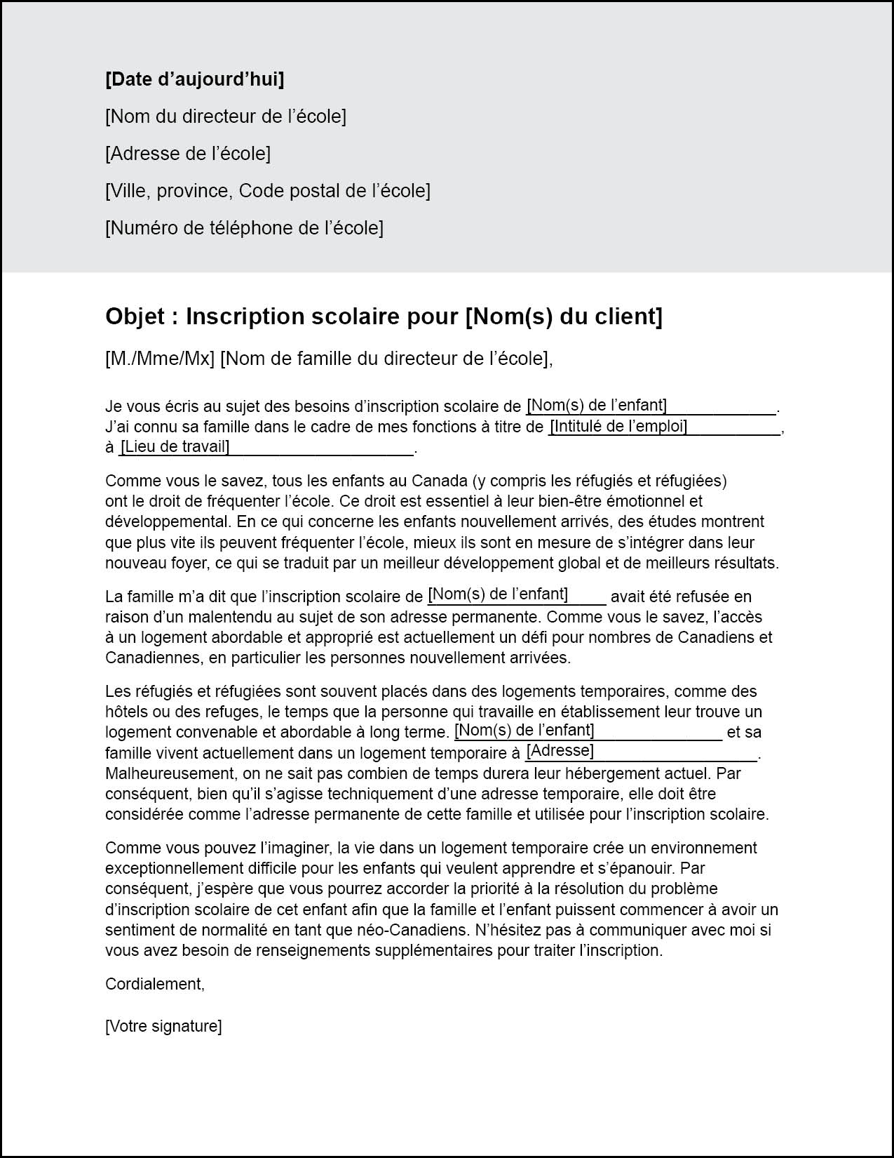 Télécharger le modèle de lettre d'inscription à l'école